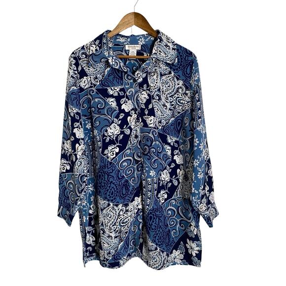 Brylane Woman Top Shirt Blouse Womens 18w 1x Blue White Button Front Long Sleeve - Picture 1 of 7